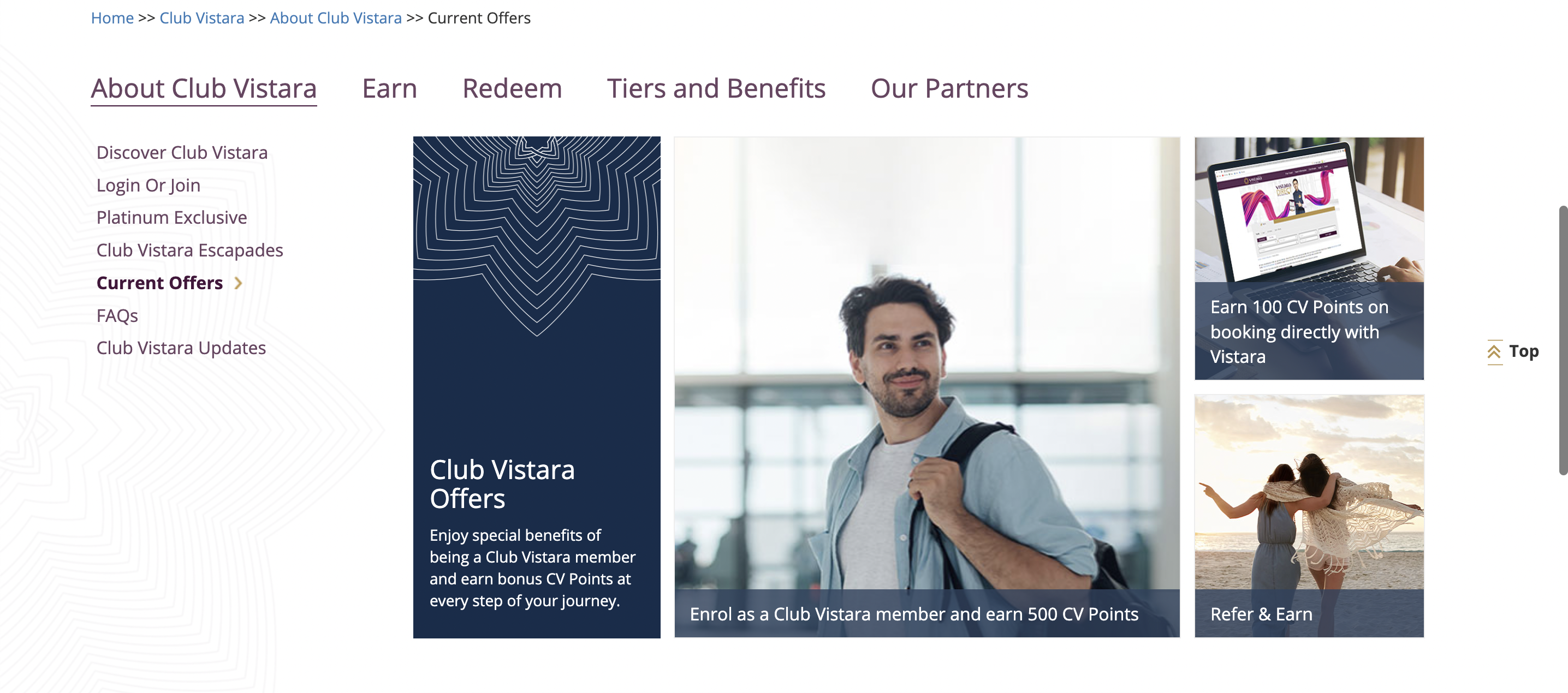 Screen grab of Club Vistara homepage