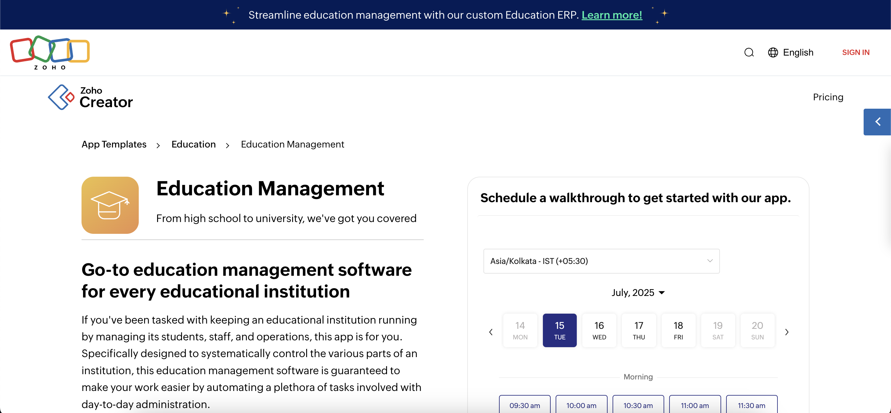 Zoho Creator for Education website