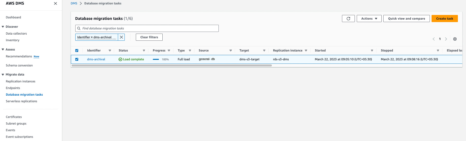 Creating database migration task