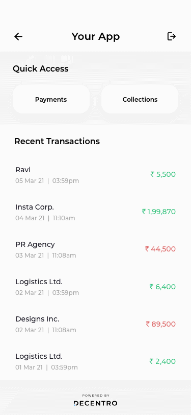 A gif that shows how Decentro simplifies UPI Payouts for companies like OcareNeo.