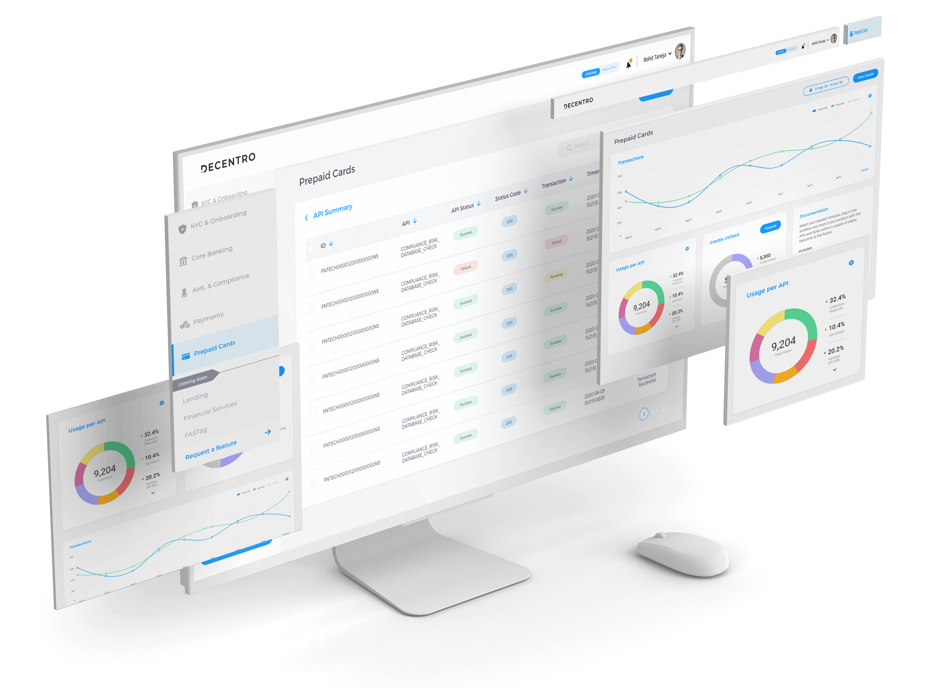 A graphic that shows a dedicated dashboard to monitor prepaid cards' activities & spends by Decentro.