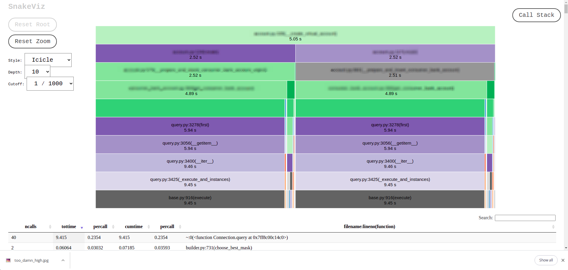 A screen showing how two functions that are running SQL queries take up time. 