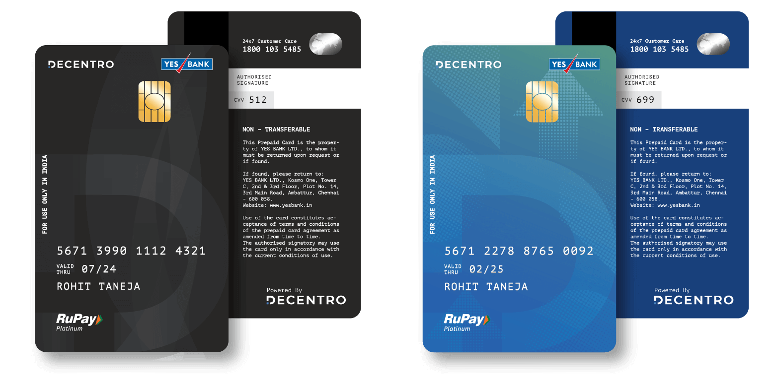 A graphic that shows Decentro's Co-branded prepaid cards. 